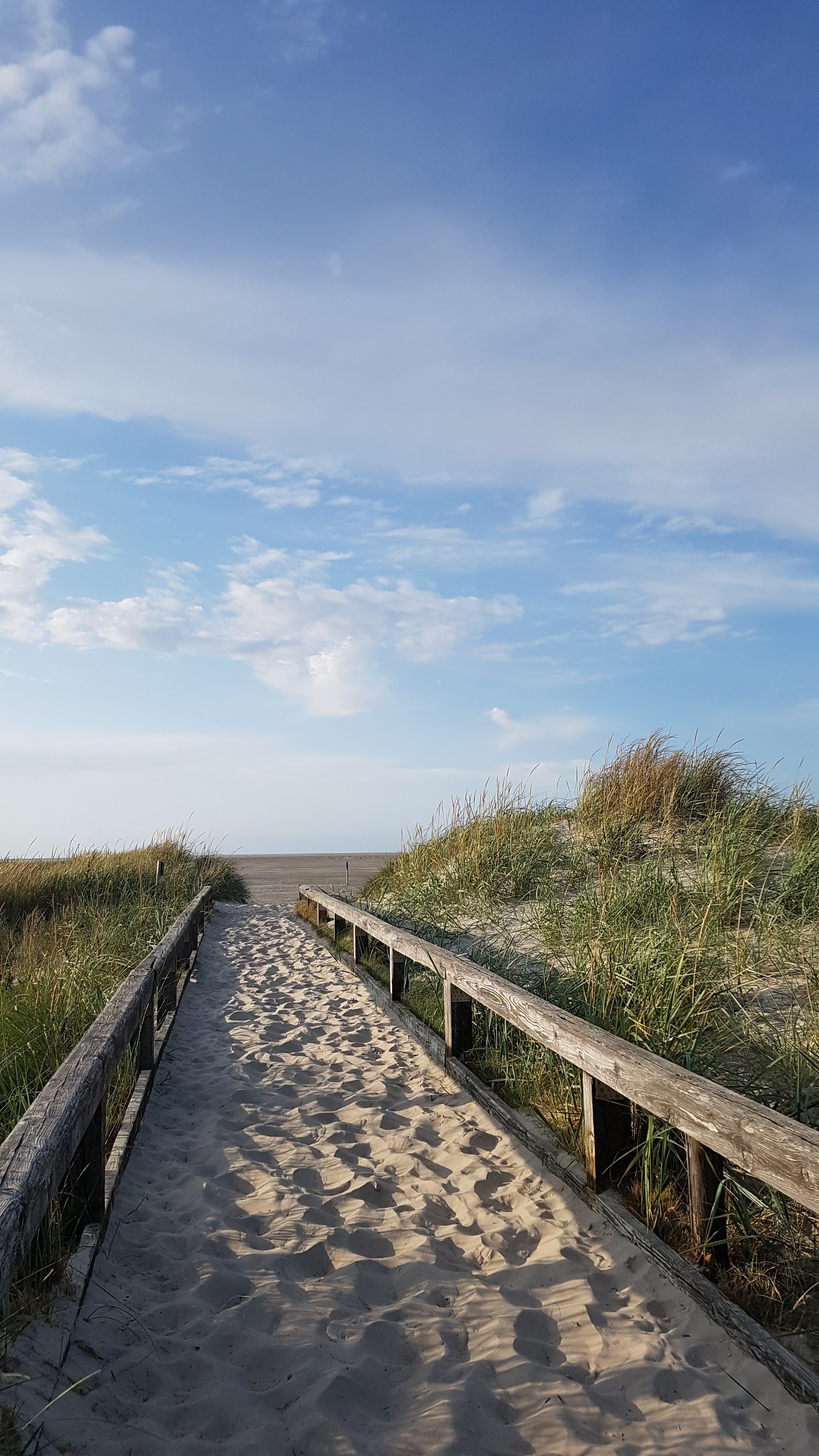Holzsteg durch eine Dünenlandschaft mit Sand und Gras, führend zum Strand unter einem blauen Himmel mit leichten Wolken.